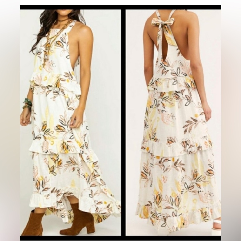 Free People Cream Floral Halter Tie-Back Tiered Maxi Dress